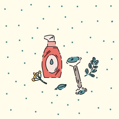 Üzerinde organik cilt bakımı olan bir poster. Kozmetik üzerinde iyileştirici etkisi olan doğal malzemeler. Losyonlar, maskeler, krem, vücut ve yüz bakımı için spa.