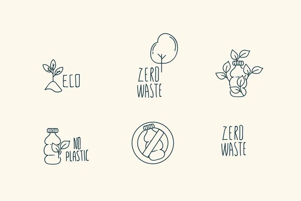 No hay placas en el set, no hay plástico. Vida conceptual sin plástico, respetuoso del medio ambiente, reciclable, respetuoso del medio ambiente, libre de residuos. Una colección de iconos lineales sostenibles. — Vector de stock