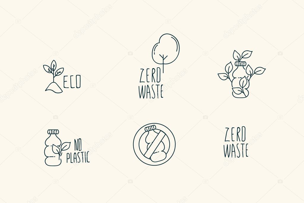 There are no badges in the set, there is no plastic. Conceptual life without plastic, eco-friendly, recyclable, eco-friendly, waste-free. A collection of sustainable linear icons.