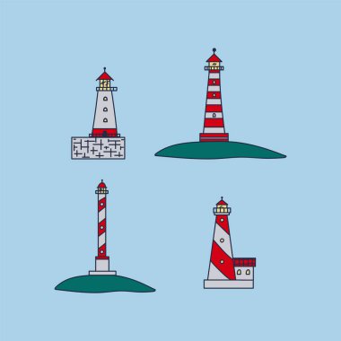 Deniz feneri renkli olarak ayarlandı. Deniz kenarındaki güzel evler, sahil ve su. Seyrüseferciler için fenerli deniz binalarının resimleri..