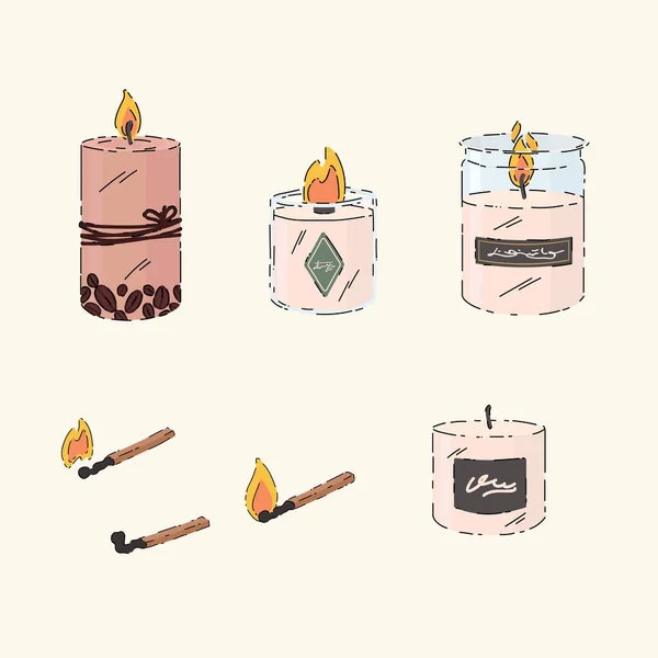 A set of cute aroma candles. Illustrations of aromatic wax candles in jars, matches, fire. Collection of illustrations for spa poster design. — Stock Vector