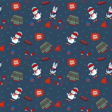 Noel desenli şirin mevsimlik elementler ve hayvanlar. Kış tekstil geçmişine sahip vektör çizimleri. Çizgi film Kardan Adam, penguen, Noel ağacı.