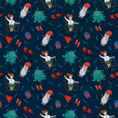 Noel ve yeni yıl arkaplanı mevsimlik elementlerle dolu. Noel ağacı, bir çocuk, bir kardan adam olan Doodle Destern. Tekstil ürünleri için tatil mevsimsel elementleri.