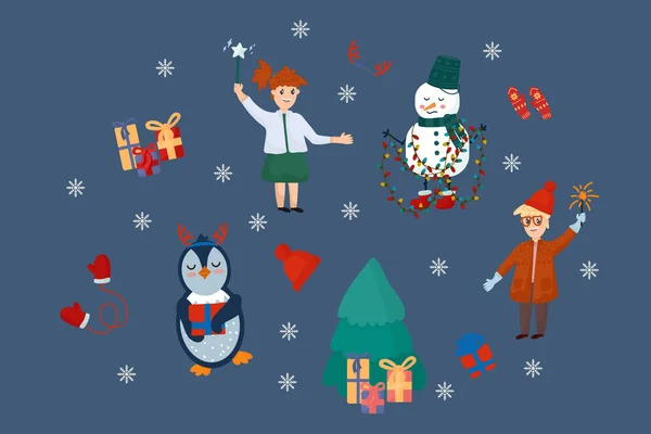 Natal e Ano Novo com elementos sazonais. Doodle Animais, Pinguim, Árvore de Natal e Crianças para o design. — Vetor de Stock