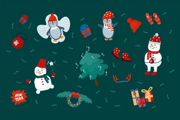 Natal e Ano Novo com elementos sazonais. Animais de inverno festivos. Boneco de neve dos desenhos animados, pinguim, árvore de Natal na coleção de Ano Novo. — Vetor de Stock