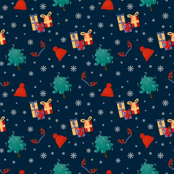 Noel ve yeni yıl arkaplanı mevsimlik elementlerle dolu. Noel ağacı, şapka, geyik boynuzu, kar taneleri olan Doodle Destern. Tekstil ürünleri için şenlikli mevsimsel arkaplan. — Stok Vektör