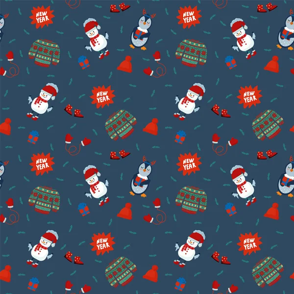 Vánoční vzor s roztomilými sezónními prvky a zvířaty. Vektorové ilustrace se zimním textilním zázemím. Cartoon Snowman, tučňák, vánoční stromek. — Stockový vektor
