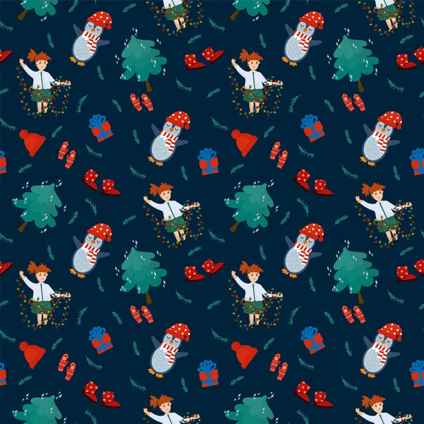 Weihnachten und Neujahr Hintergrund mit saisonalen Elementen. Kritzelmuster mit einem Weihnachtsbaum, einem Kind, einem Schneemann. Urlaub saisonale Elemente für Textilien. — Stockvektor