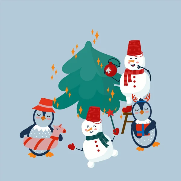 Ilustração de Natal e Ano Novo com elementos sazonais. Cena festiva dos desenhos animados. Cartaz de inverno com pinguins e bonecos de neve decorar a árvore de Natal. — Vetor de Stock