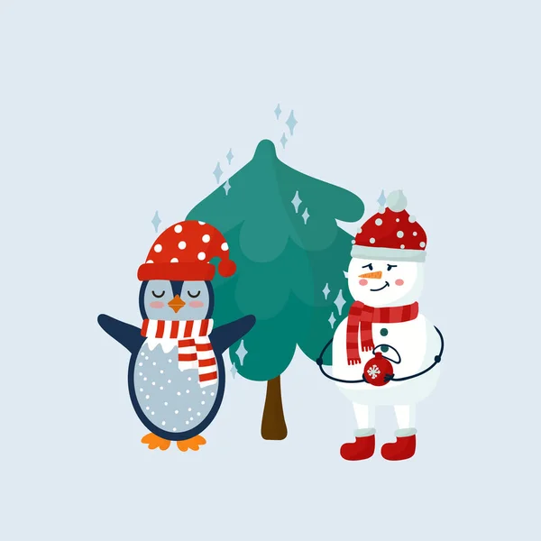 Natal e Ano Novo com animais bonitos. Ilustração com uma árvore de Natal e elementos sazonais. A cena festiva do cartão postal de inverno — Vetor de Stock