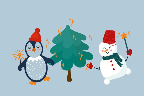 Natal e Ano Novo ilustração com animais bonitos com elementos sazonais. As crianças decoram a árvore de Natal. A cena festiva do cartaz de inverno. — Vetor de Stock