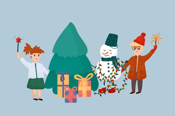 Ilustración de Navidad y Año Nuevo con elementos estacionales lindos. Cartel de dibujos animados de invierno con muñeco de nieve y niños — Vector de stock