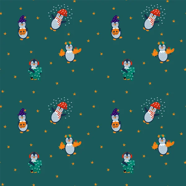 New Years pattern with penguins. Festive animals for New Years textiles. — Stock vektor