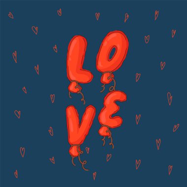 The inscription Love for Valentines Day. Vector greeting card with romantic and delicate elements. Balls in the form of letters to your loved Ones for a present.