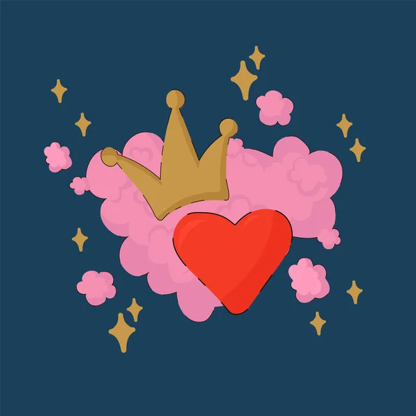 A poster for Valentines Day. Vector Romantic greeting card for the day of Love. Images of a Cloud with a heart and a golden crown. —  Vetores de Stock