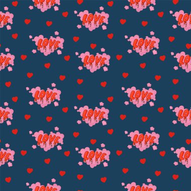 Pattern for Valentines Day. Background with letters Love and clouds. Vector elements of romance for textiles.