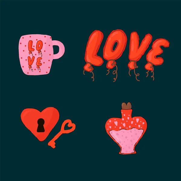 A set of modern elements for Valentines Day. Vector hearts, mug, inscription balls in a circle with romantic elements. — стоковый вектор
