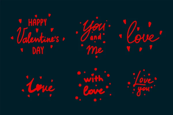 Lettering set with elements of love. Vector words for Valentines Day. Hearts, Love, Love you for a postcard. — Image vectorielle