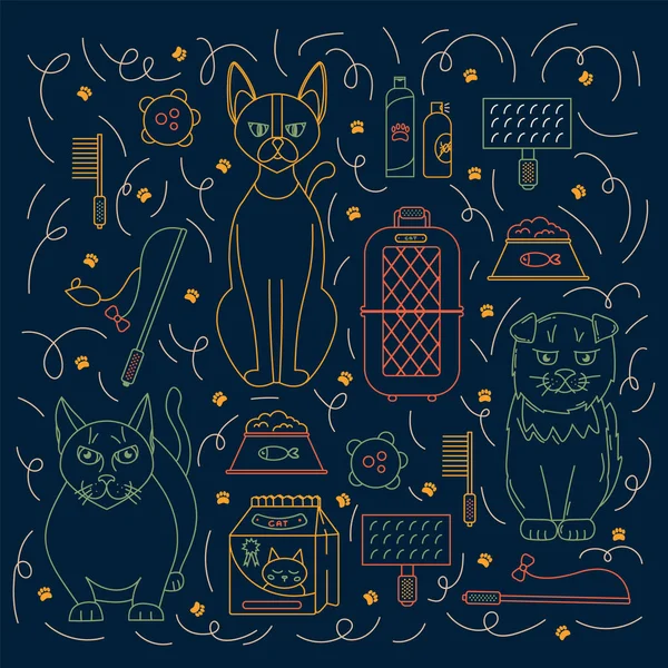 Background Accessories for pets and cat. Doodle pattern in line with characters, toys, food for cats. Love for cats. — Stock Vector