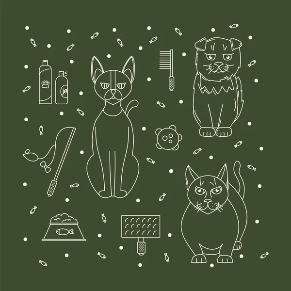 A postcard with accessories for pets. Poster doodle linear cat characters. Love for animals is a cute pattern. — Stock Vector