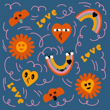 Çizgi film karikatür karalama çıkartmalarının soyut arkaplanı. Bir kartpostal için sevimli karakterlerin tasviri. Gülen çıkartmalar, çiçekler, dilli dudaklar..