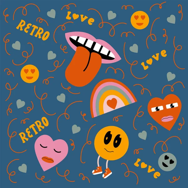 Retro dessin animé fond de personnage doodle. Stickers abstraits motifs des années 70. Carte de voeux rétro avec émoticônes et cœurs. — Image vectorielle