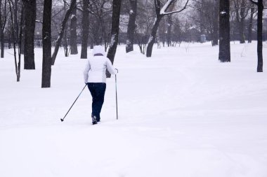 Bulutlu bir günde, kış parkında yürüyen insanlar. 