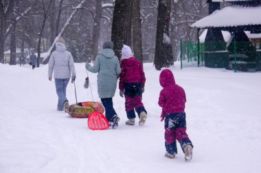 Bulutlu bir günde, kış parkında yürüyen insanlar. 