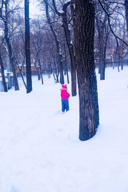 Bulutlu bir günde, kış parkında yürüyen insanlar. 
