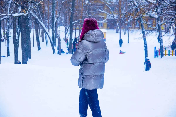 Procházky Zimním Parku Zamračený Den — Stock fotografie