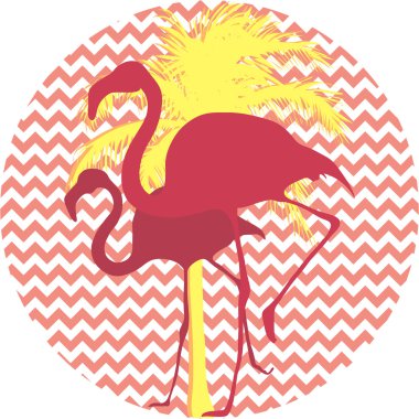 Flamingos and palm tree on a pink background clipart