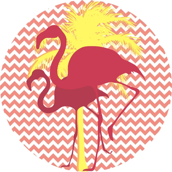 Flamingos and palm tree on a pink background — Stock Vector