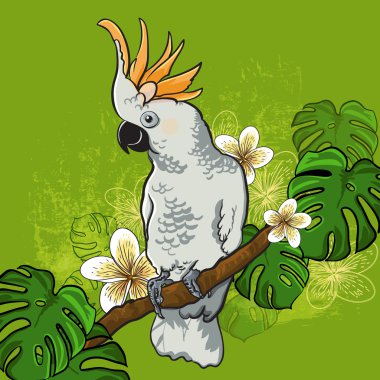 Cockatoo parrot on a branch with flowers clipart