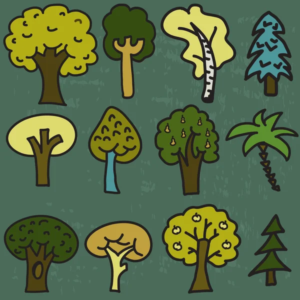 Conjunto vetorial de doze desenhos animados bonitos árvores desenhadas à mão — Vetor de Stock