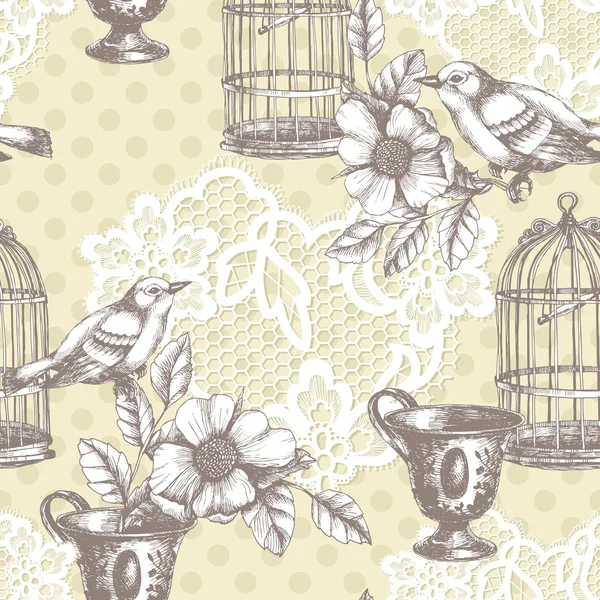 Vintage romantic seamless pattern with bird — Stock Photo, Image