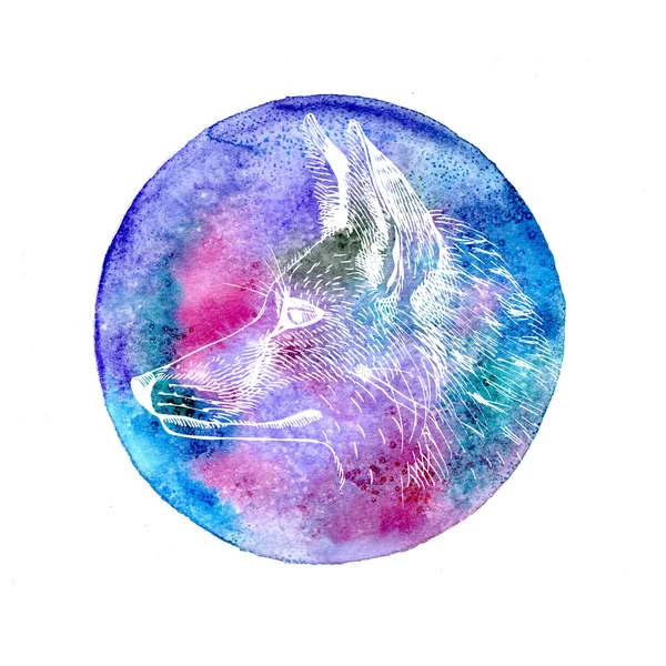 Fox and watercolor cosmic circle. — Stock Photo, Image