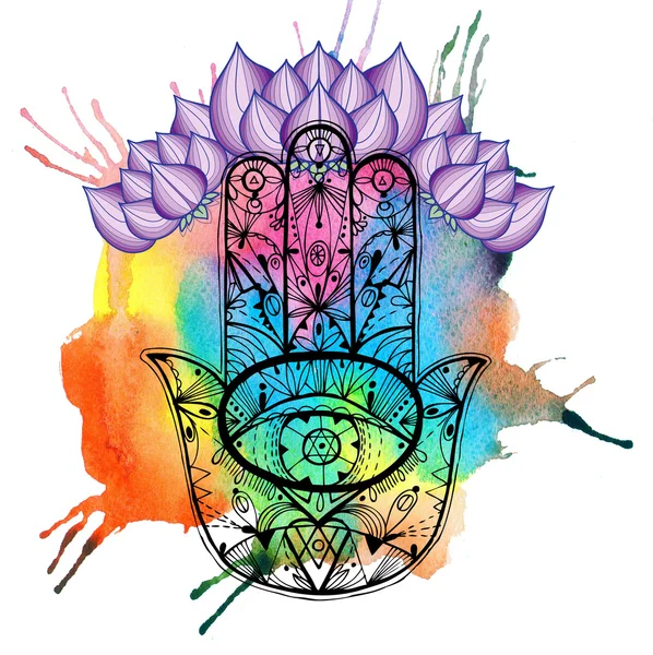 Hand drawn boho hamsa hand with watercolor. — Stock Photo, Image