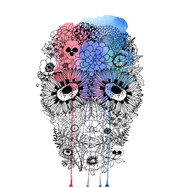 人类的头颅骨制成的花朵和水彩. — 图库照片