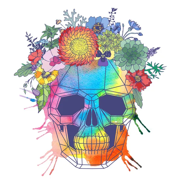 Teschio umano poligonale e corona di fiori . — Foto Stock