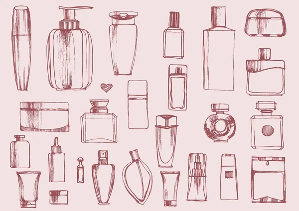 Lahve z ručně kreslených lahví parfému. . — Stockový vektor