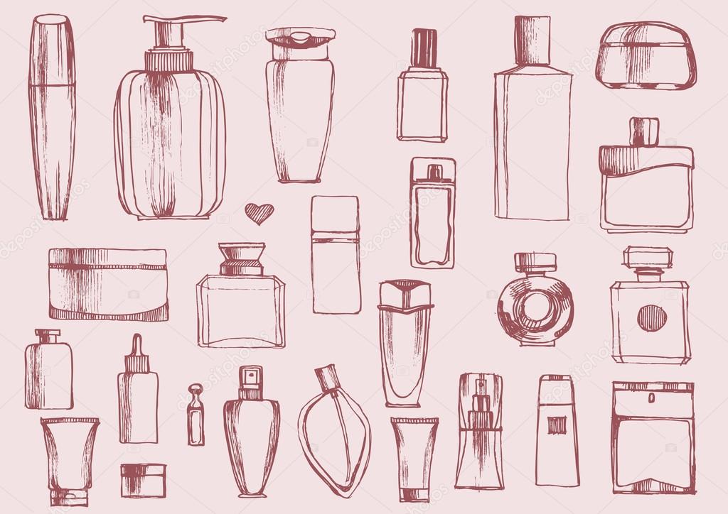 Bottles of perfume set hand-drawn. .
