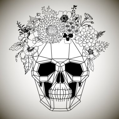 poligonal insan kafatası ve çiçek çelenk.