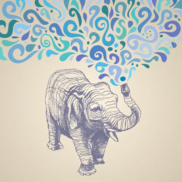 De olifant met blauwe abstracte fontein. — Stockvector