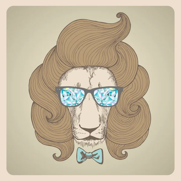 Portrait of a lion with a chic haircut with glasses.