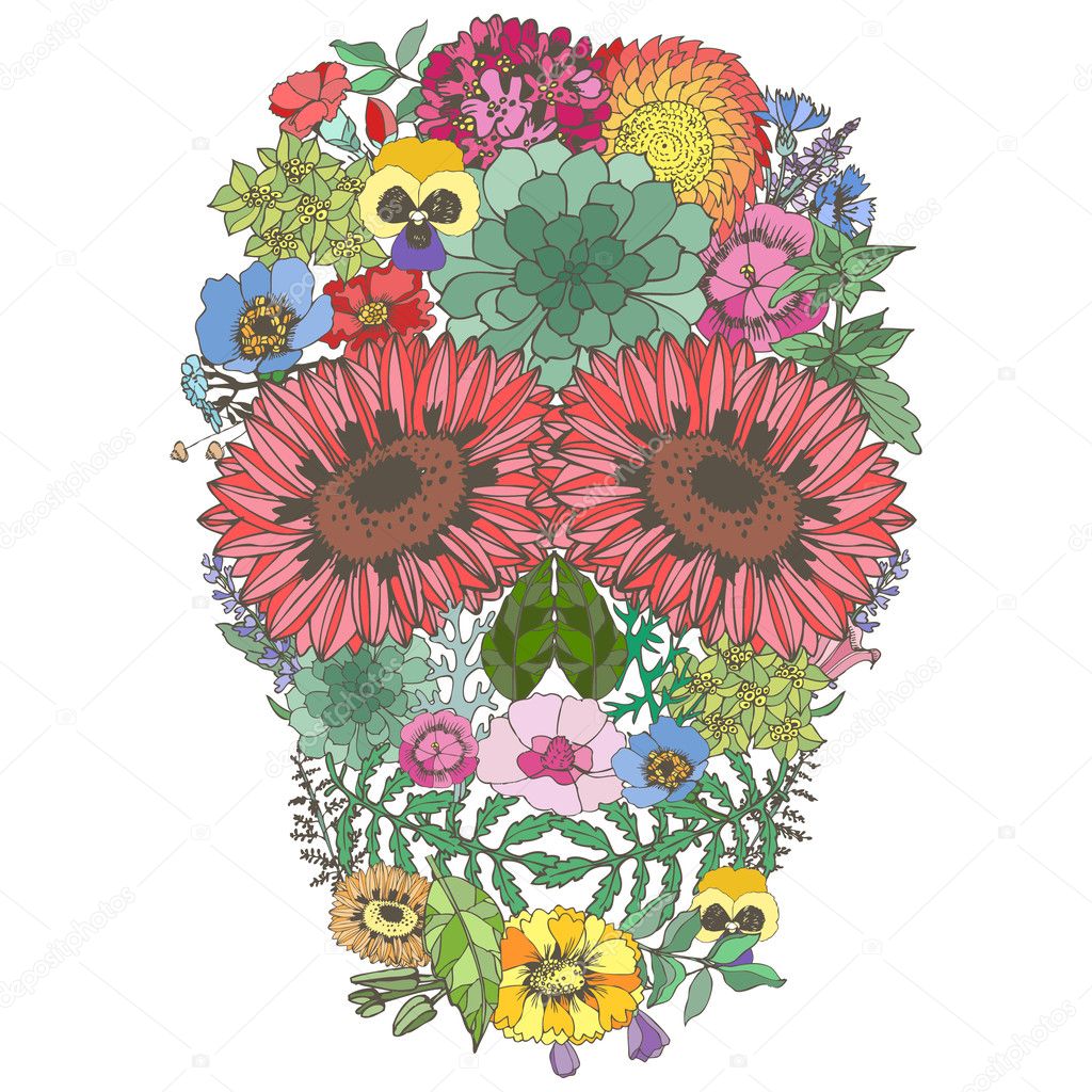 Human skull made of flowers.