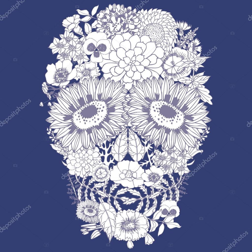 Human skull made of flowers.