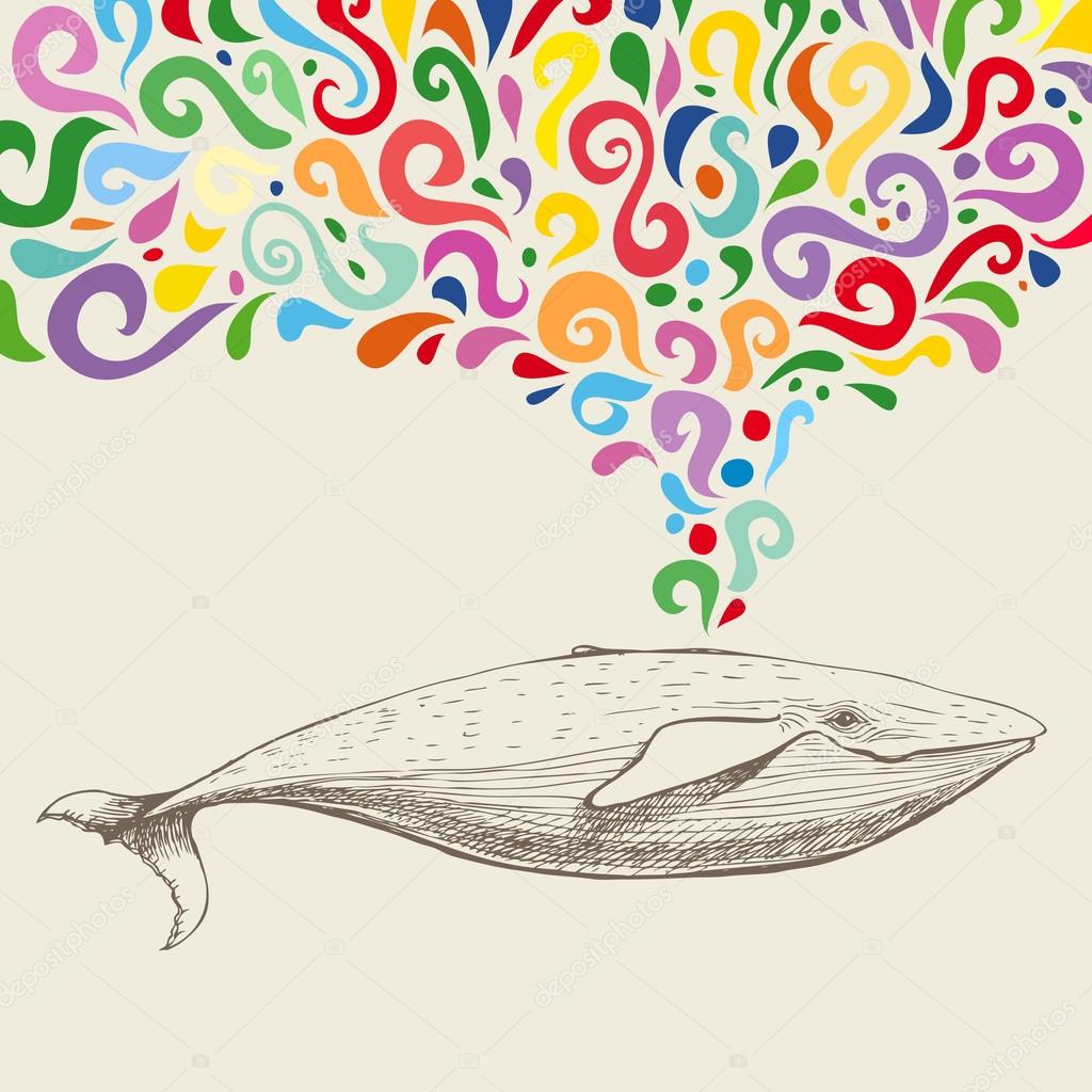 The whale with colorful abstract fountain. Hand drawn vector illustration. Can be used separately from backdrop or postcard.