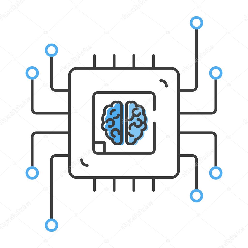 Human brain inside a CPU computer chip. AI or Artificial Intelligence concept. Flat style icon. Isolated.