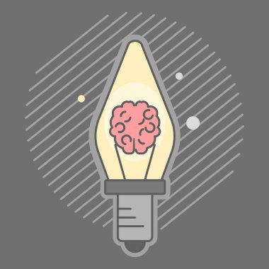 İçinde insan beyni olan elektrik ampulü. Fikir, yenilik, yaratıcılık kavramı. Düz çizim. İzole edilmiş.