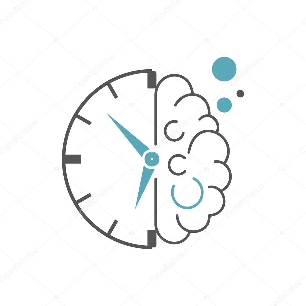 Half human brain and half clock icon. Flat style. Isolated on white background.